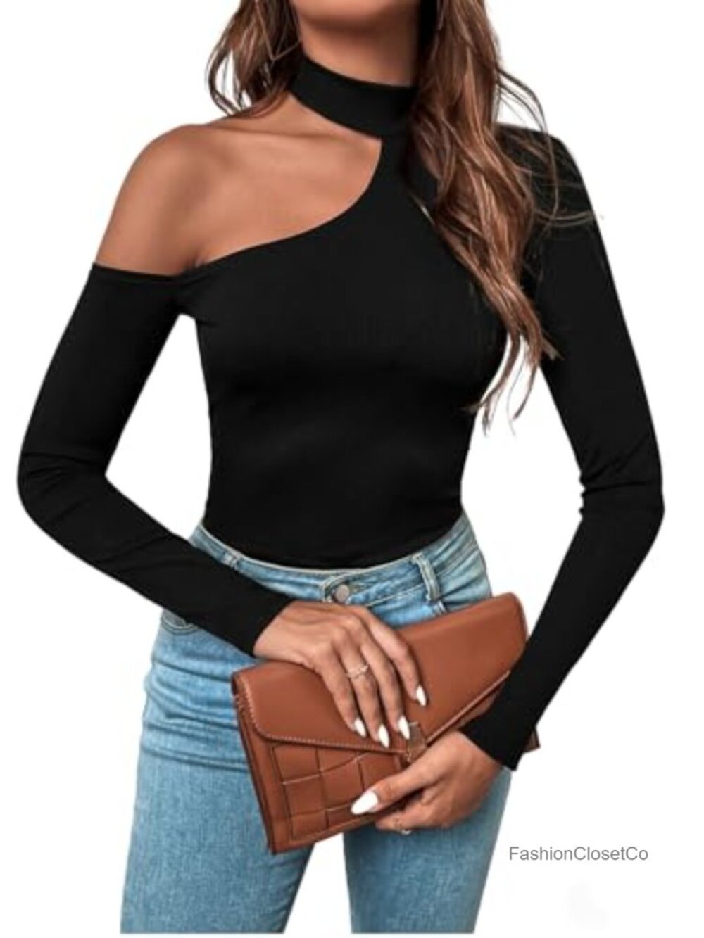 Women's Cut Out Ribbed Mock Neck Long Sleeve T-Shirt High Stretch